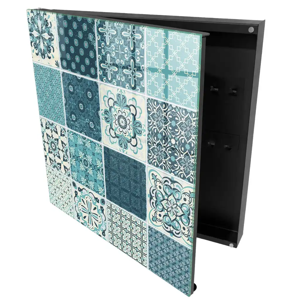 Boîte à clés murale mosaïques turquoise à motifs géométriques