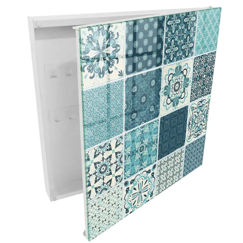 Boîte à clés murale mosaïques turquoise à motifs géométriques