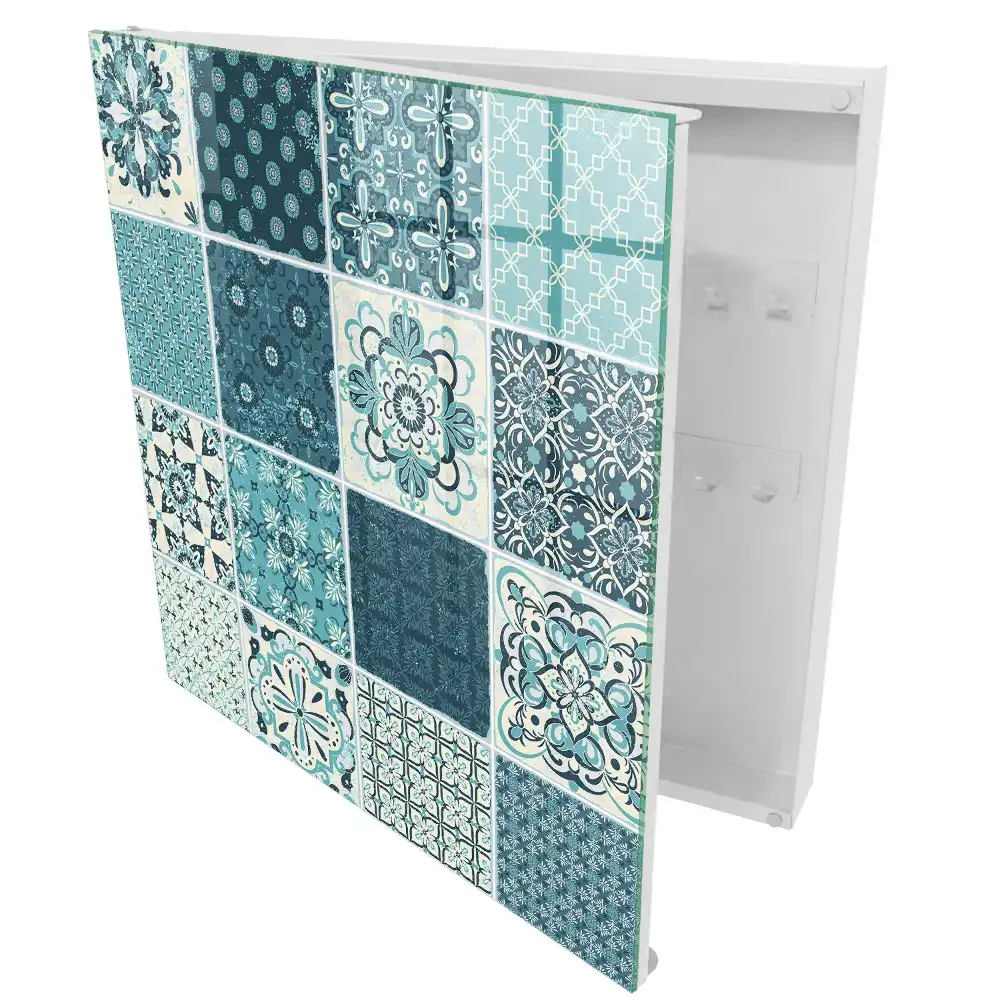 Boîte à clés murale mosaïques turquoise à motifs géométriques