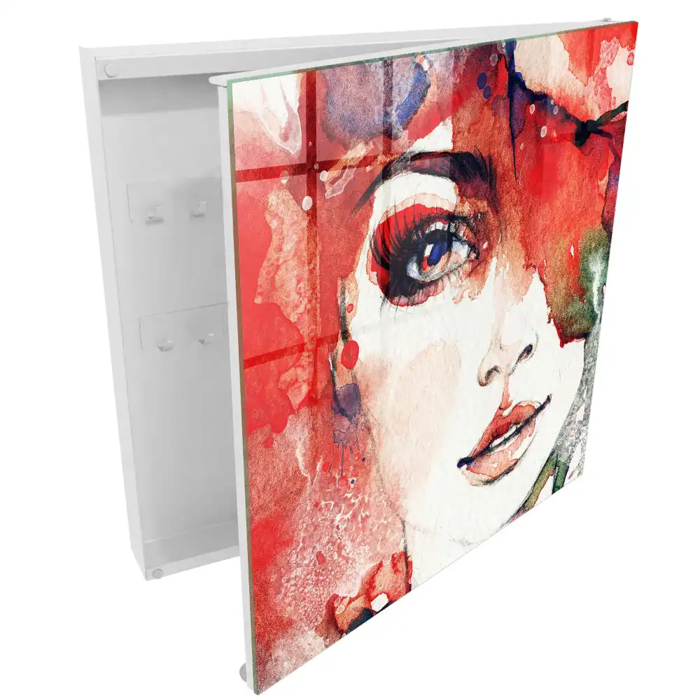 Armoire à clés portrait d'une femme aux couleurs chaudes et à l'abstraction