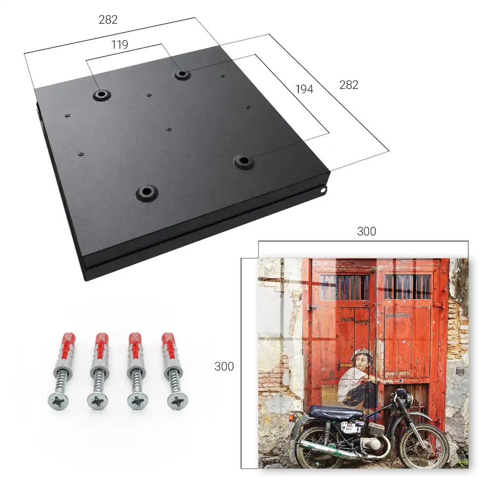 Armoire à clés porte rouge avec un tableau et une moto