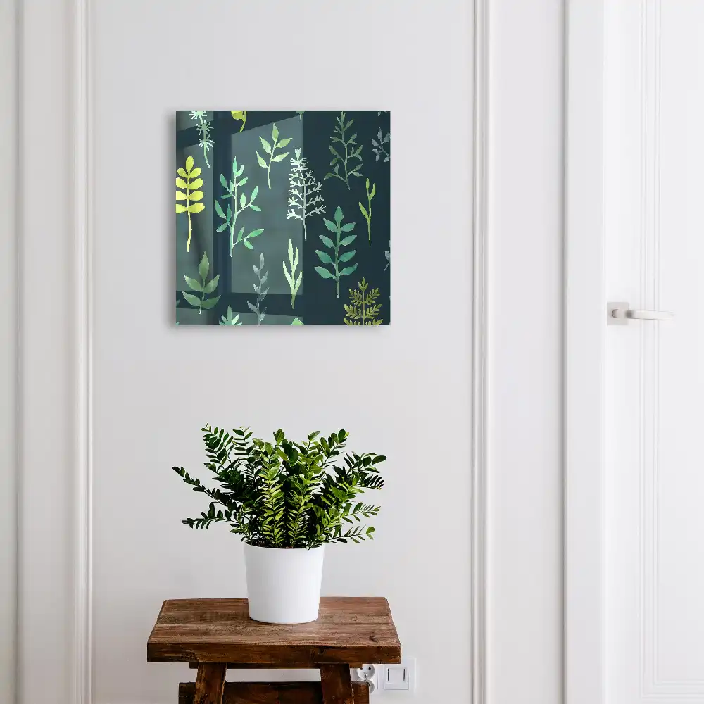 Boîte à clés feuilles vertes à l'aquarelle sur fond sombre