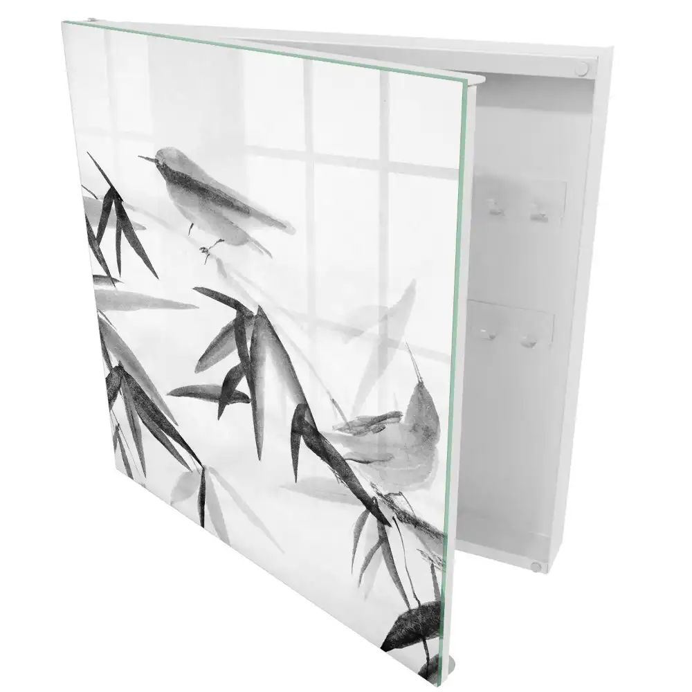 Boîte à clés motif graphique de bambou et d'oiseaux
