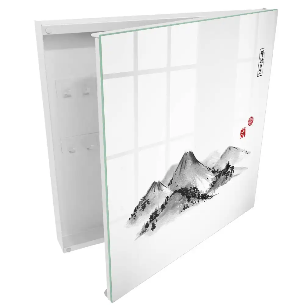 Armoire à clés montagnes noires et blanches avec des touches de rouge