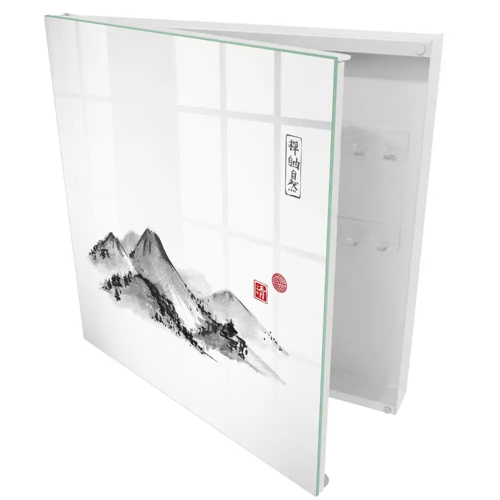 Armoire à clés montagnes noires et blanches avec des touches de rouge