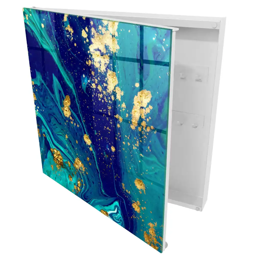 Armoire à clés abstraction dynamique aux tons turquoise et bleu marine