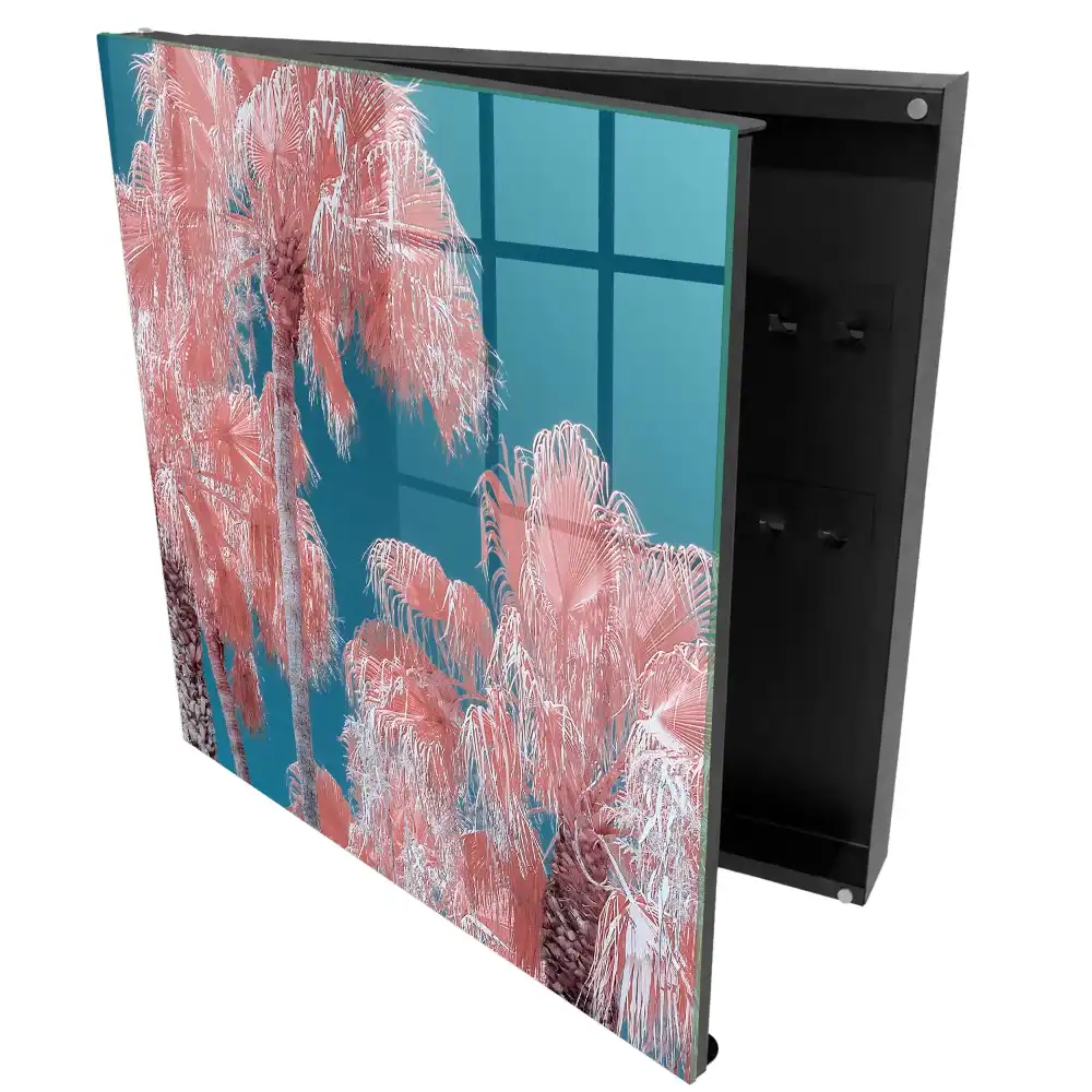 Boîte à clés palmiers roses sur fond bleu