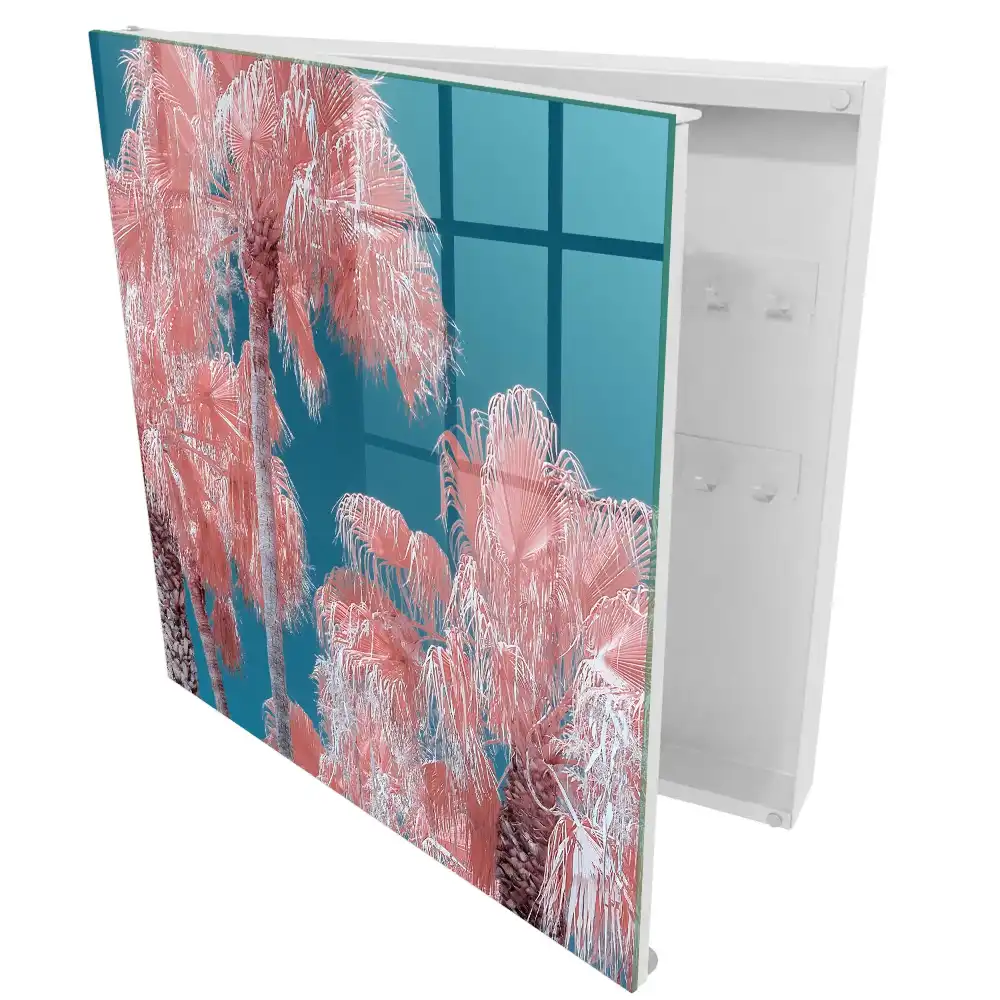 Boîte à clés palmiers roses sur fond bleu