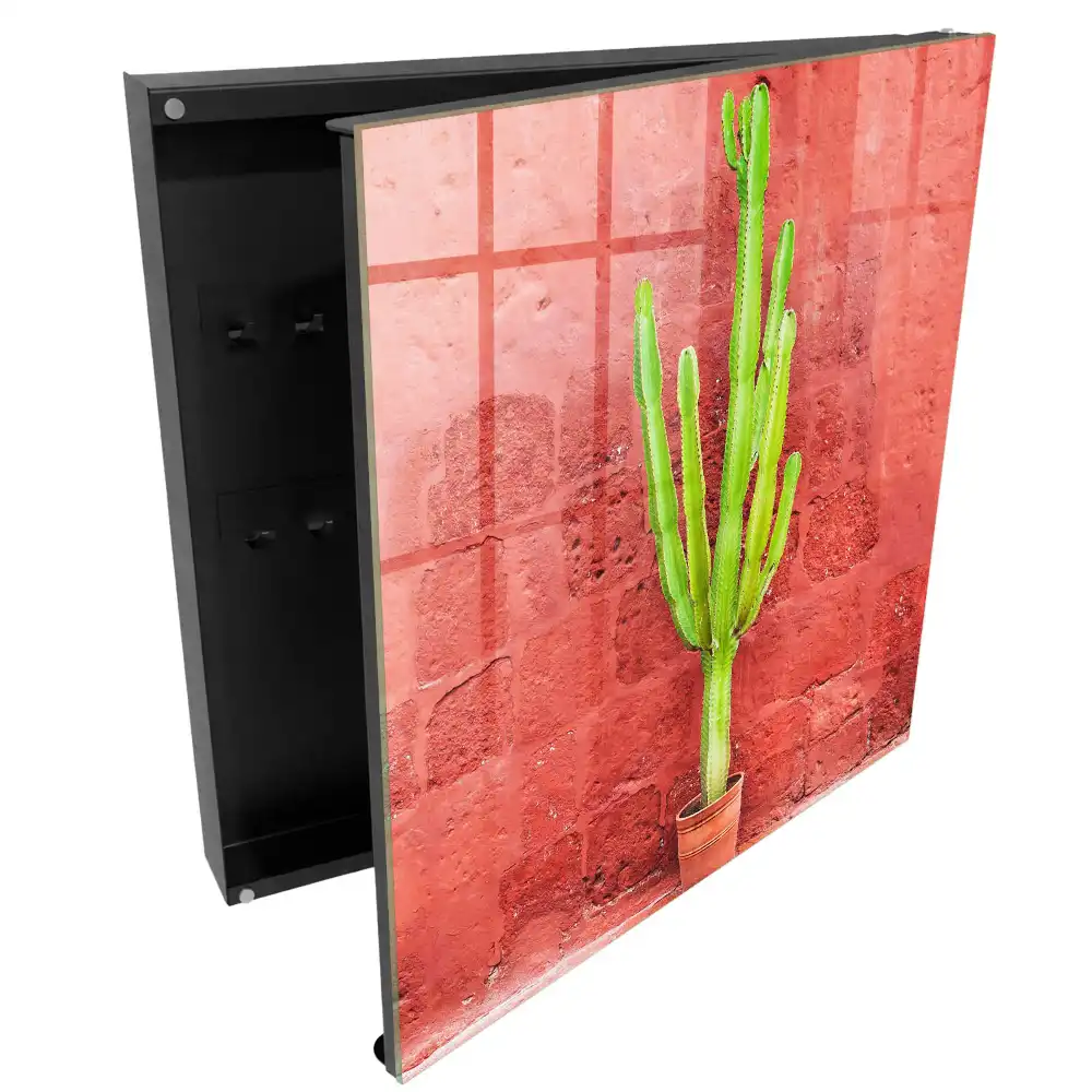 Boîte à clés cactus vert sur un mur rouge