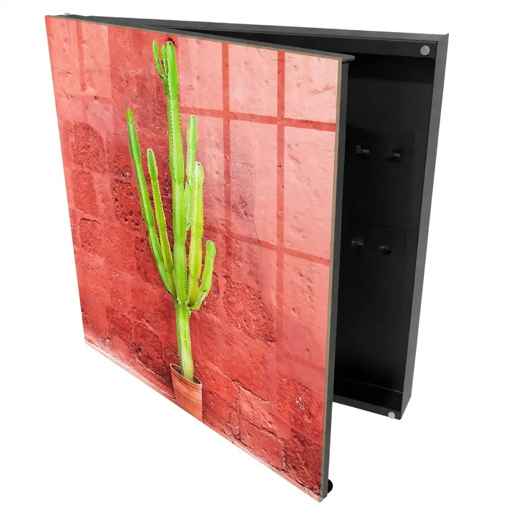 Boîte à clés cactus vert sur un mur rouge