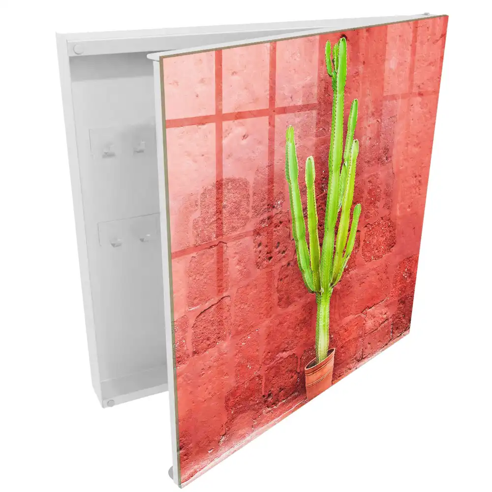 Boîte à clés cactus vert sur un mur rouge