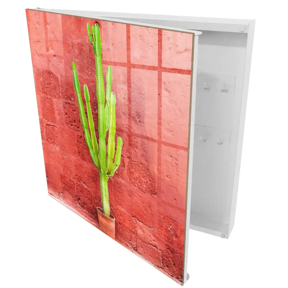 Boîte à clés cactus vert sur un mur rouge