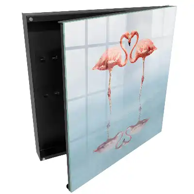 Boîte à clés murale deux flamants roses en miroir au-dessus de l'eau