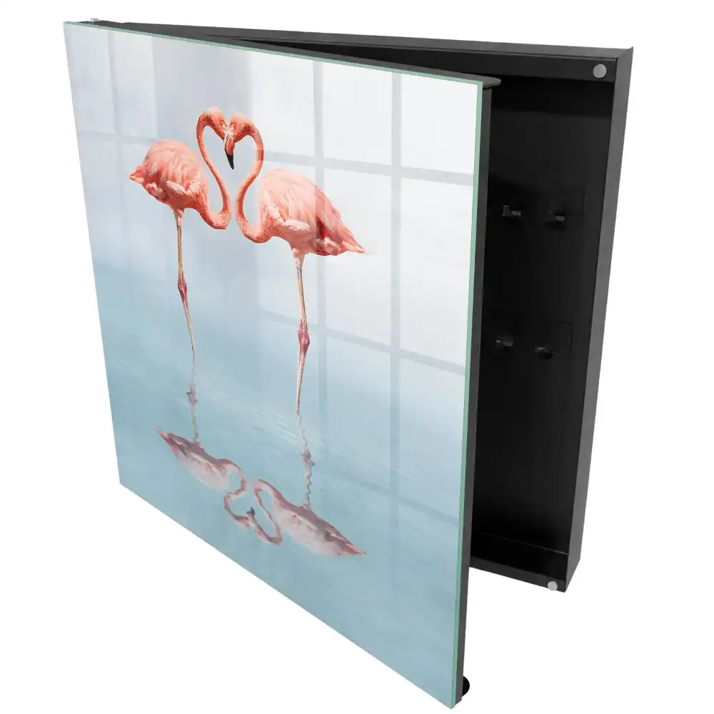Boîte à clés murale deux flamants roses en miroir au-dessus de l'eau