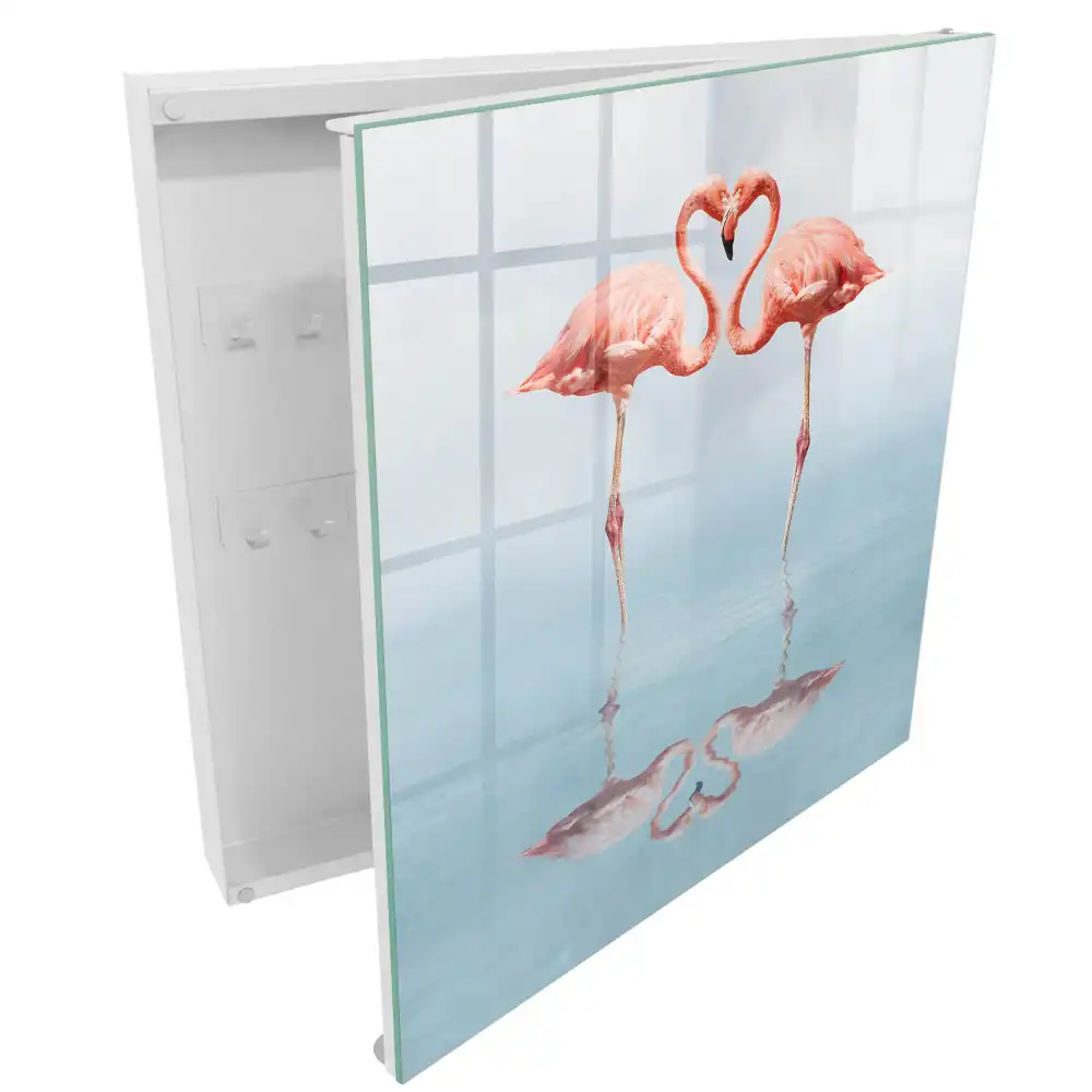 Boîte à clés murale deux flamants roses en miroir au-dessus de l'eau