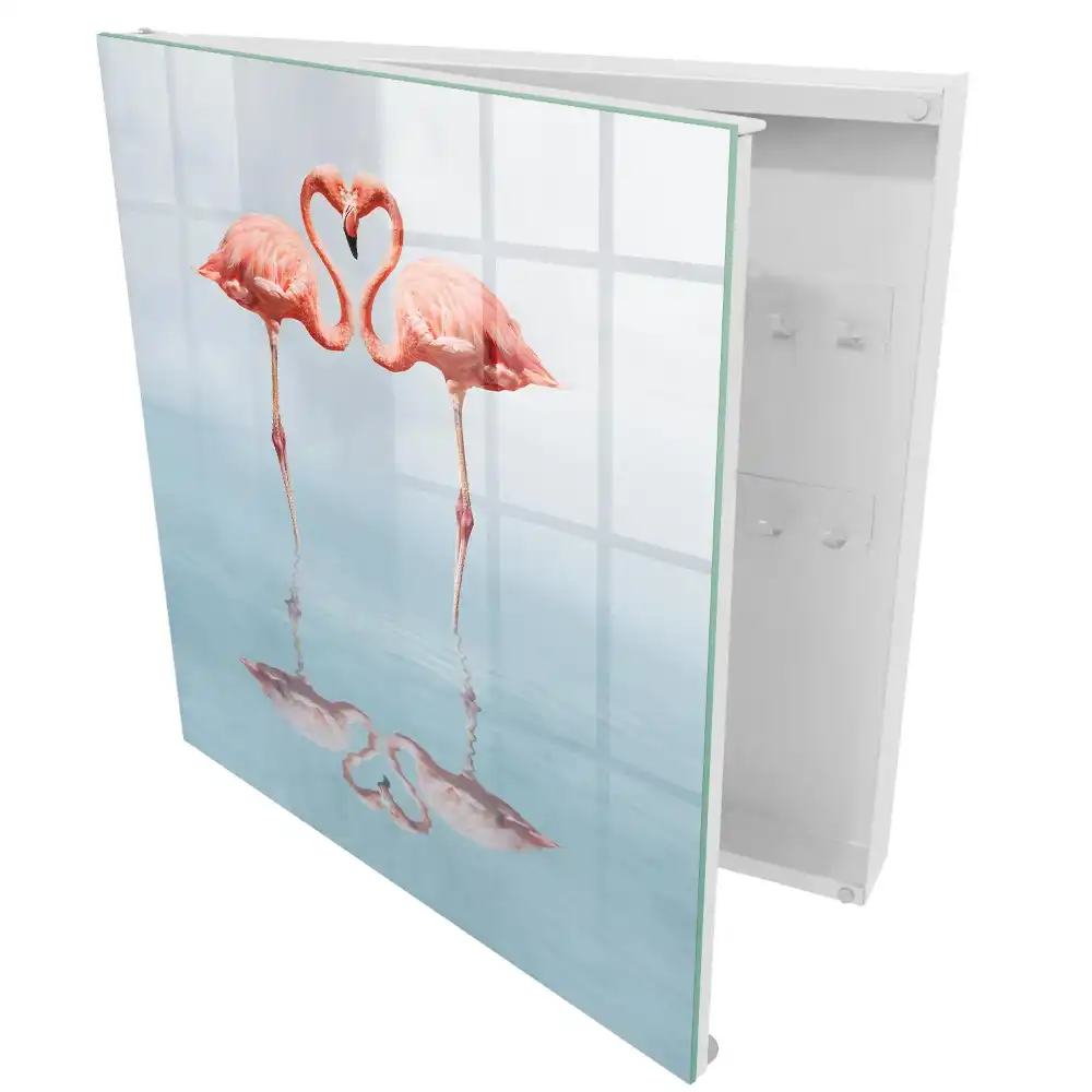Boîte à clés murale deux flamants roses en miroir au-dessus de l'eau