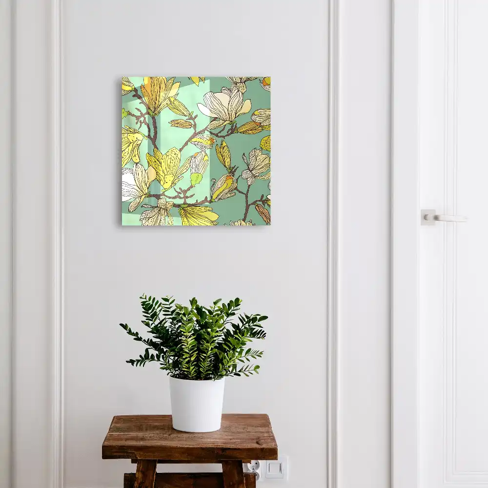 Armoire à clés magnolias jaunes sur fond vert