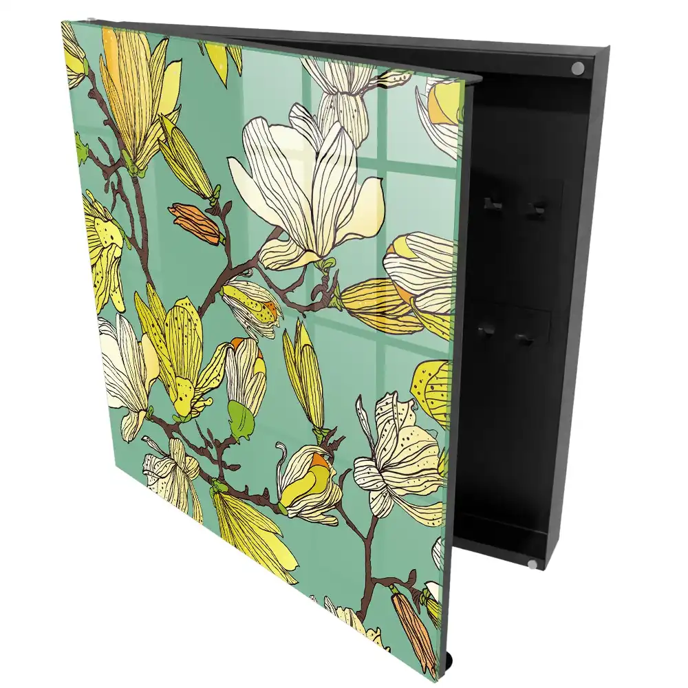 Armoire à clés magnolias jaunes sur fond vert