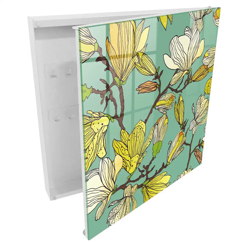 Armoire à clés magnolias jaunes sur fond vert