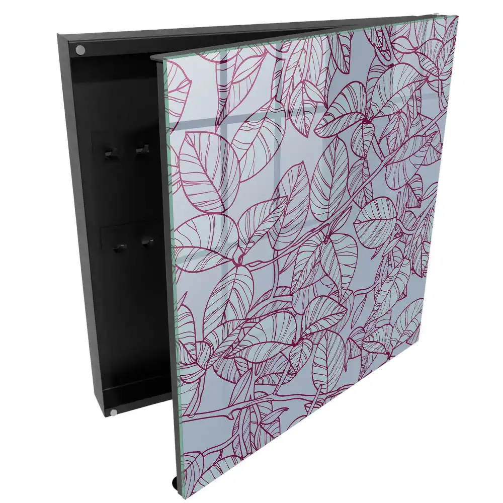 Armoire à clés motif de feuille sur fond gris avec un contour bordeaux