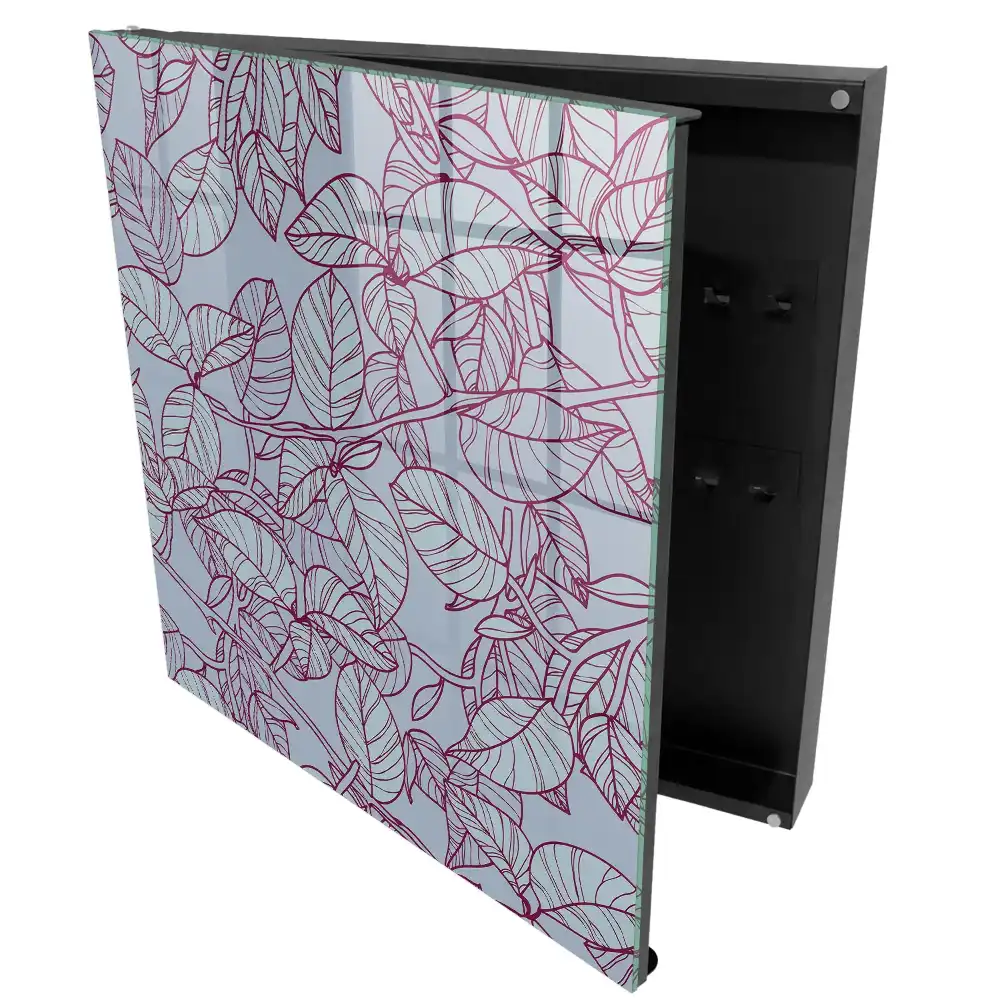 Armoire à clés motif de feuille sur fond gris avec un contour bordeaux
