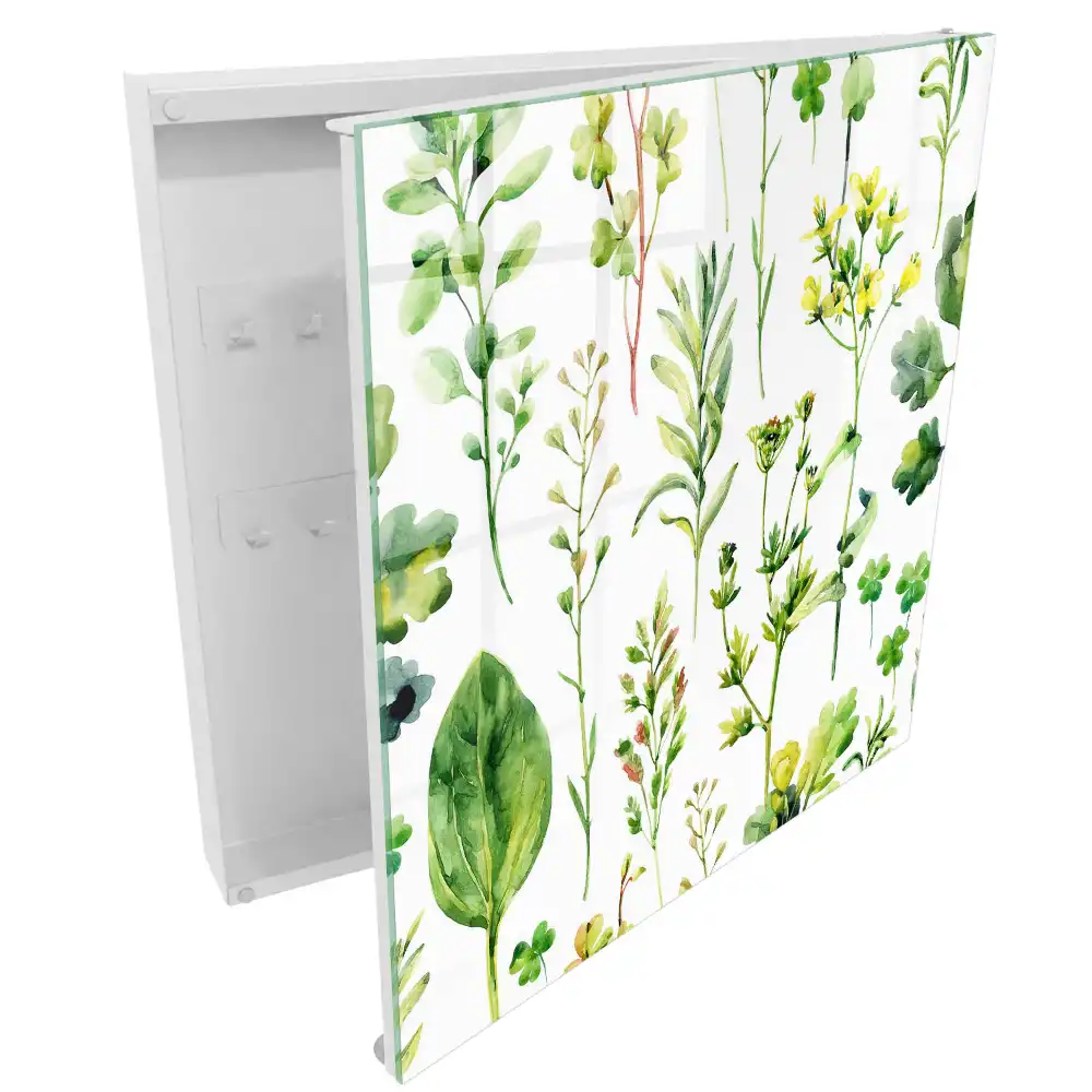 Boîte à clés murale plantes vertes sur fond blanc dans un style aquarelle