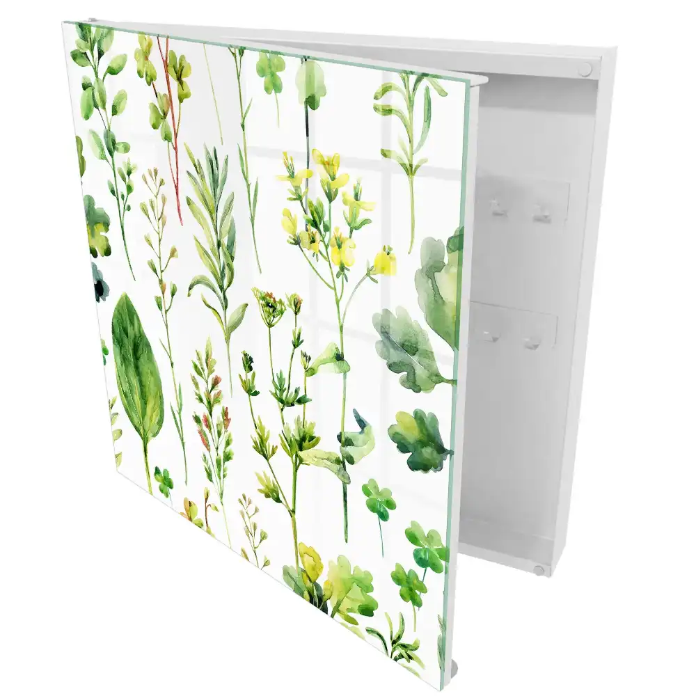 Boîte à clés murale plantes vertes sur fond blanc dans un style aquarelle