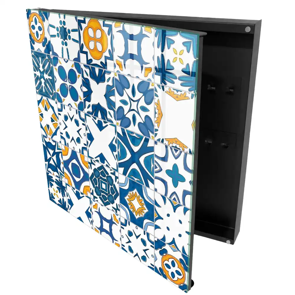 Armoire à clés motifs géométriques avec contraste bleu et jaune