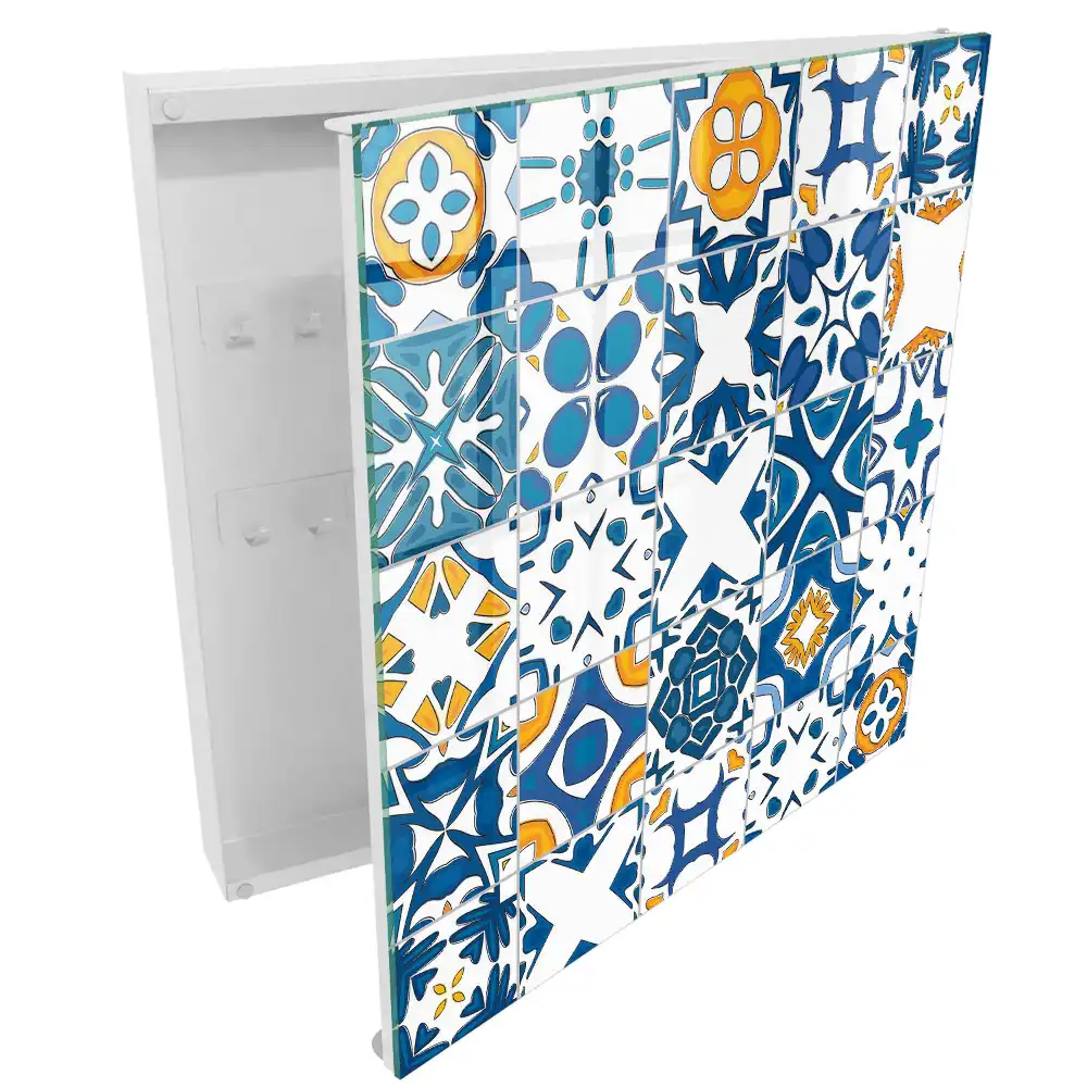 Armoire à clés motifs géométriques avec contraste bleu et jaune