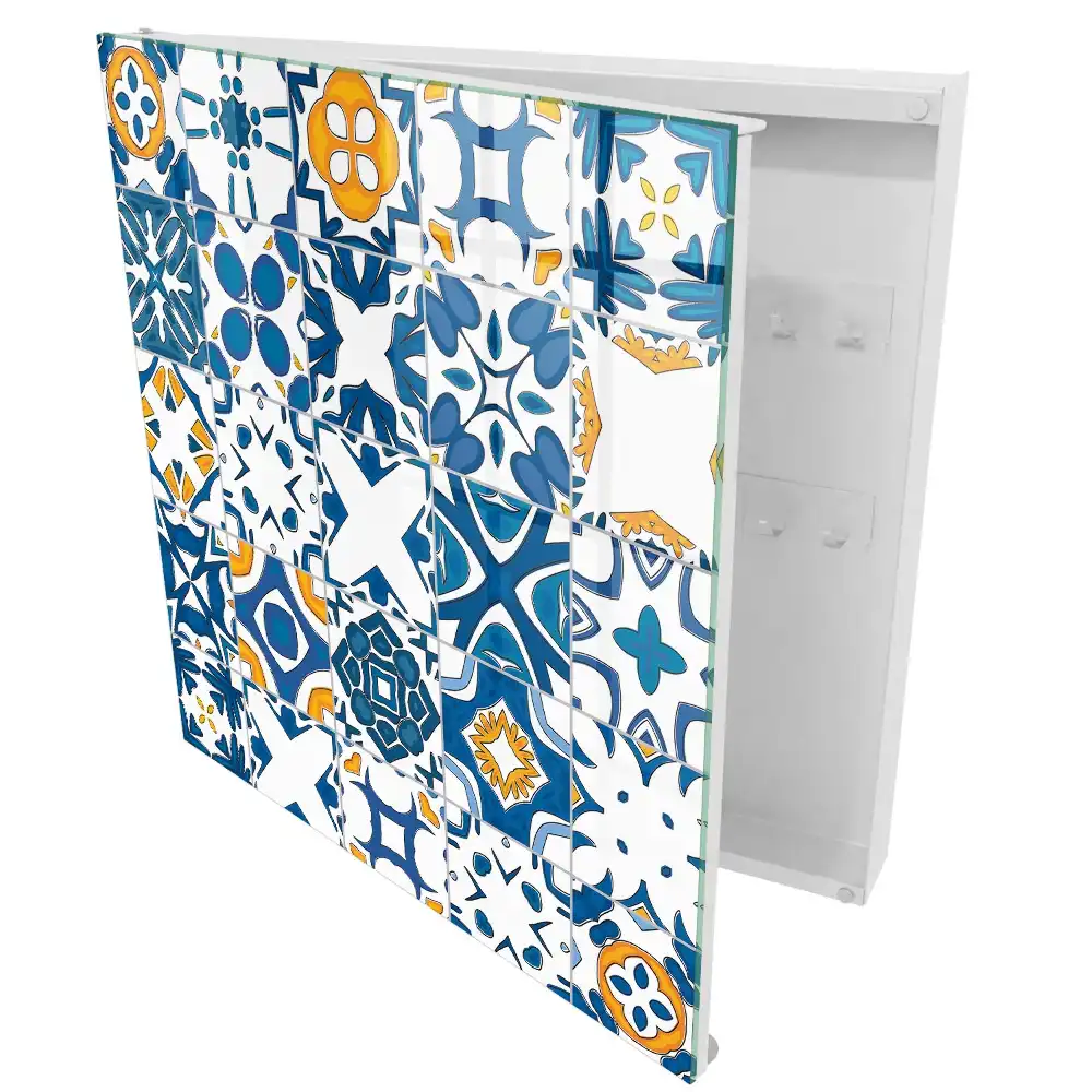 Armoire à clés motifs géométriques avec contraste bleu et jaune