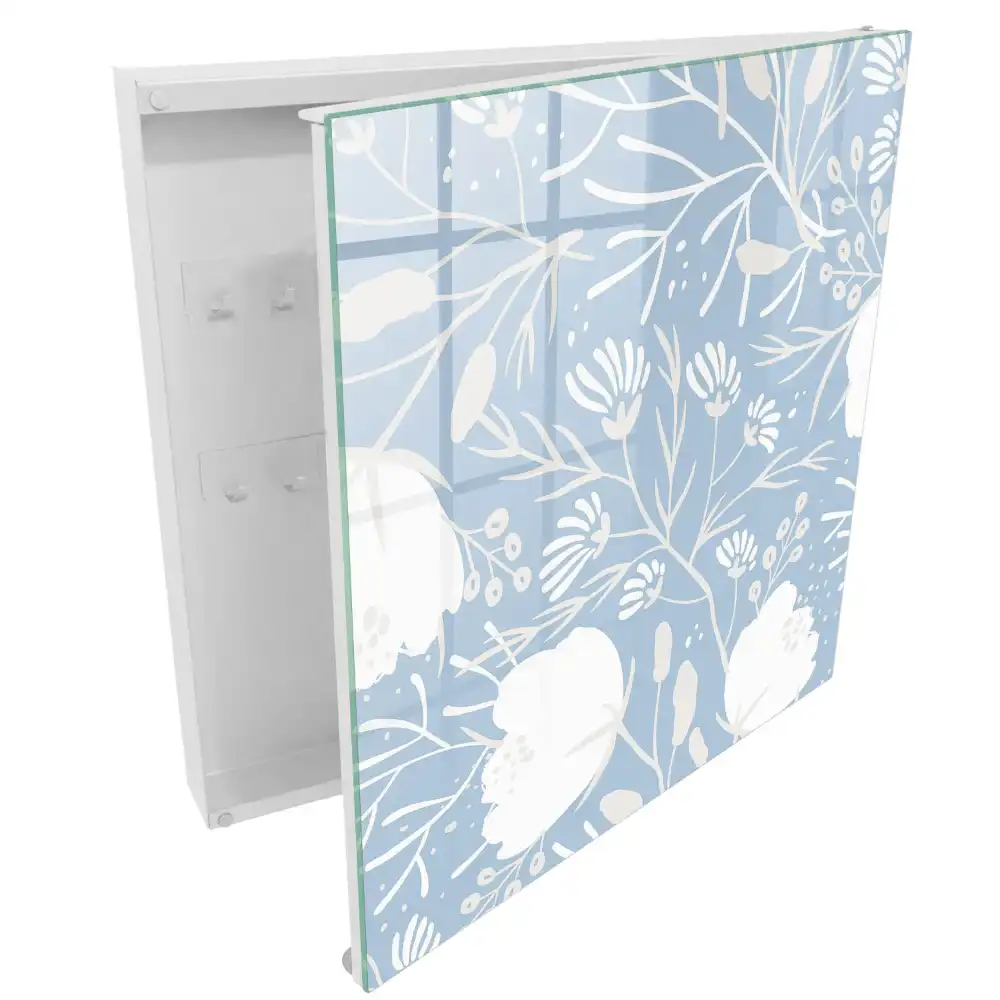 Boîte à clés murale motifs floraux sur fond bleu clair