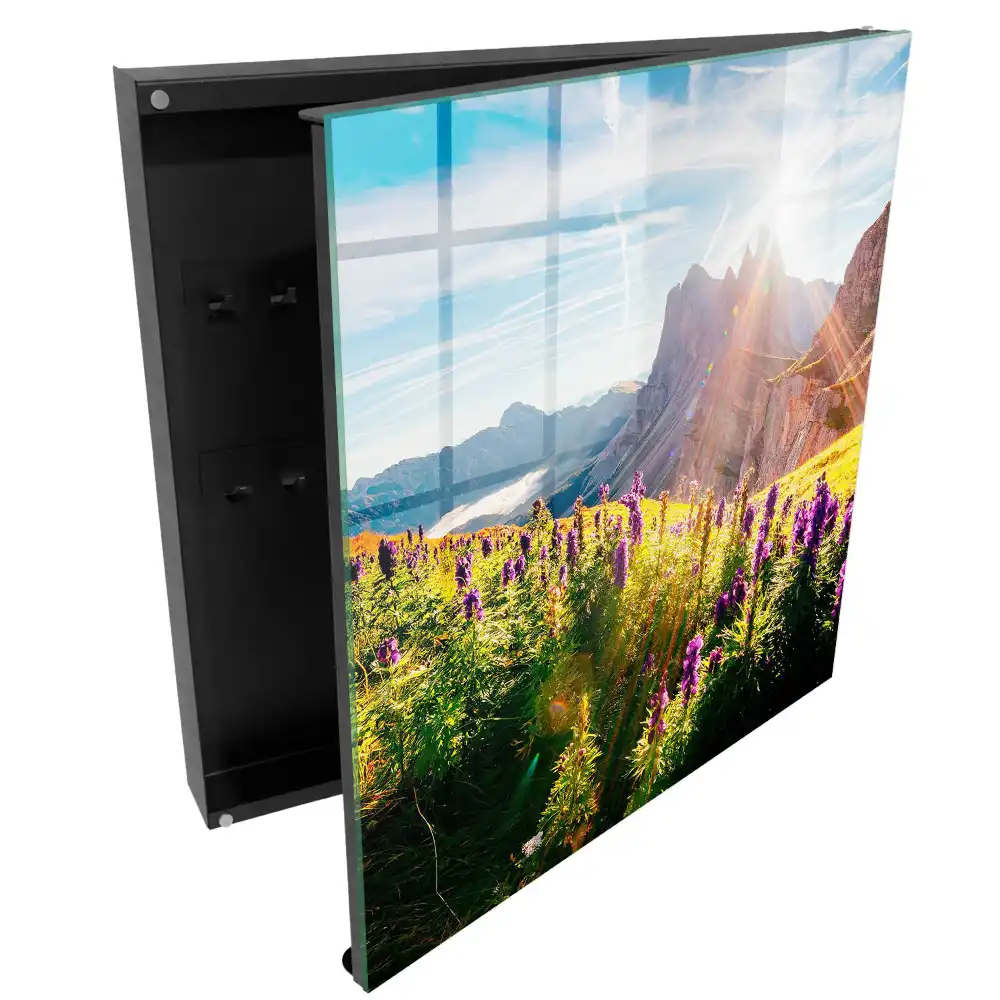 Boîte à clés paysage de montagne avec des fleurs et du soleil
