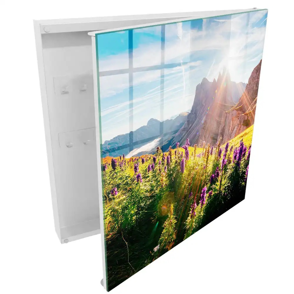 Boîte à clés paysage de montagne avec des fleurs et du soleil