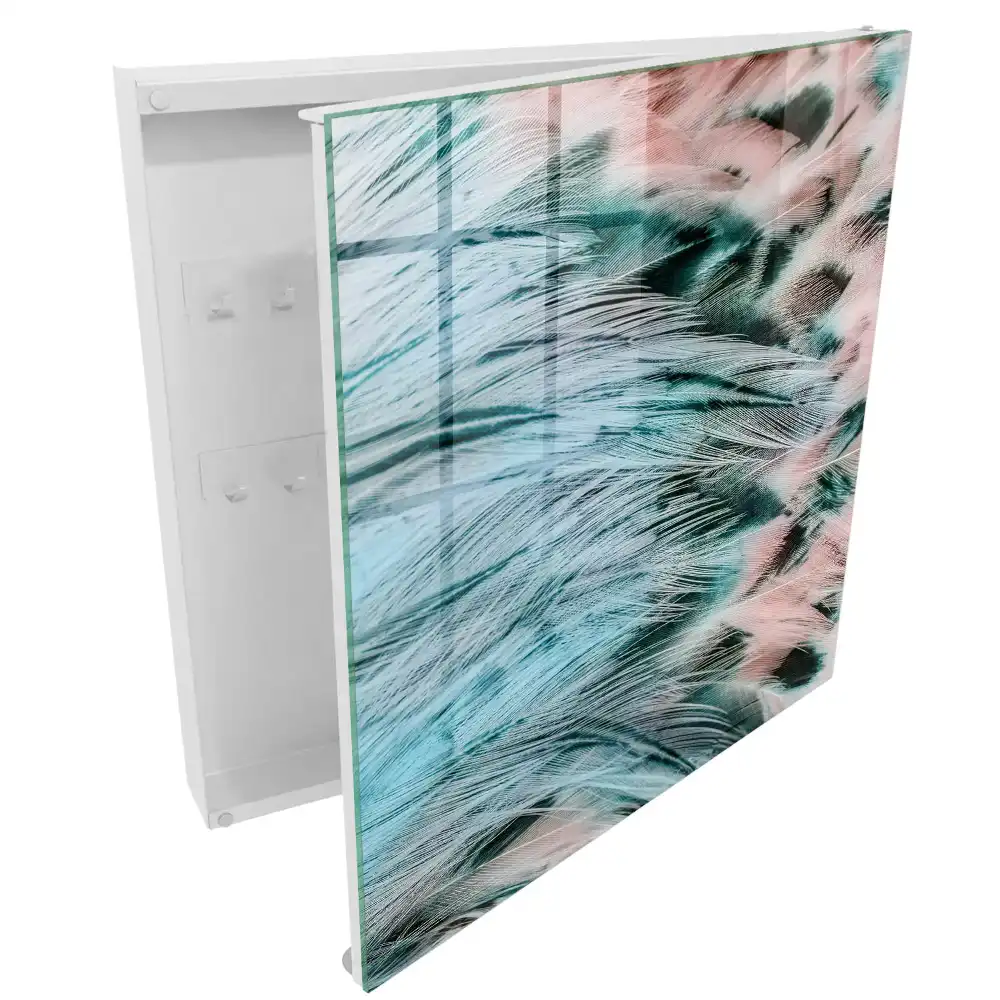 Boîte à clés murale plumes pastel dans les tons de bleu et de rose