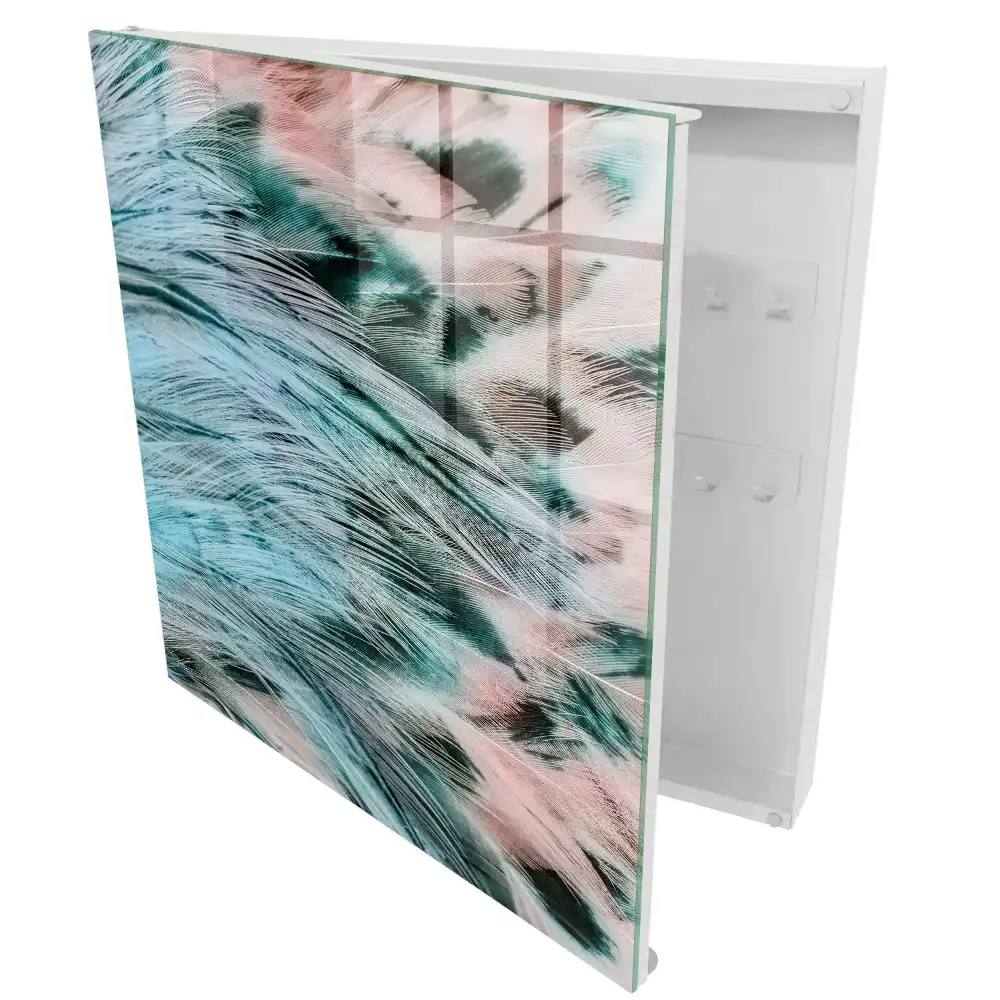 Boîte à clés murale plumes pastel dans les tons de bleu et de rose