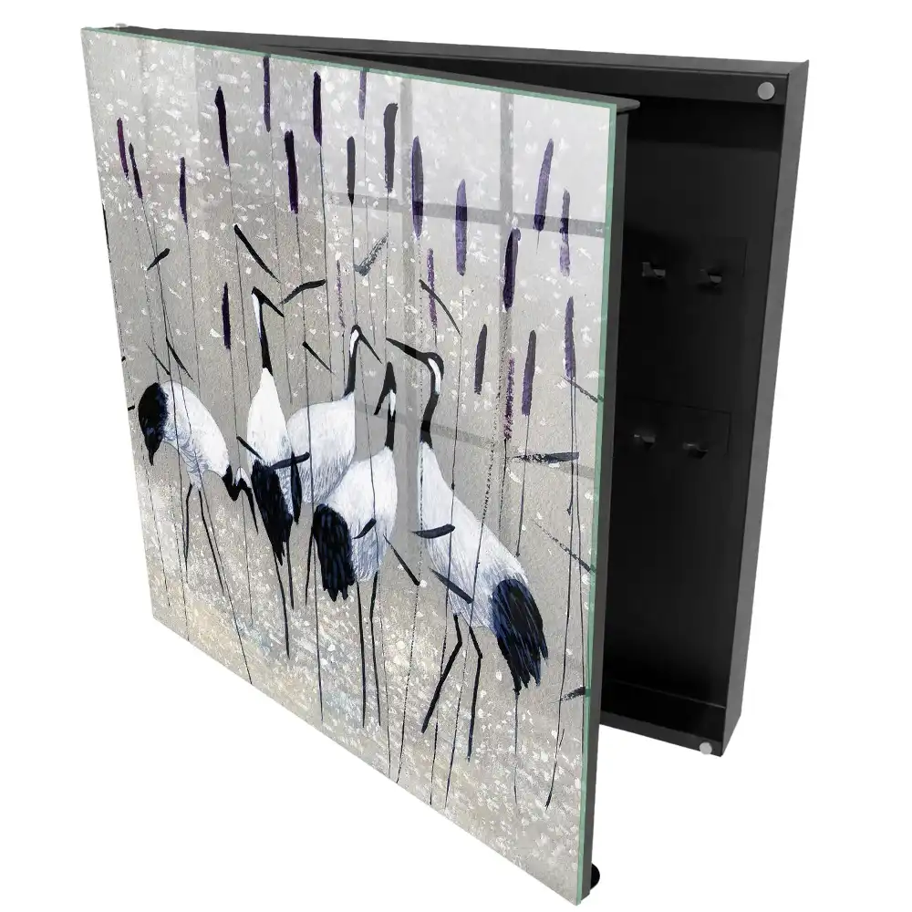 Boîte à clés murale grues élégantes dans un paysage pastel