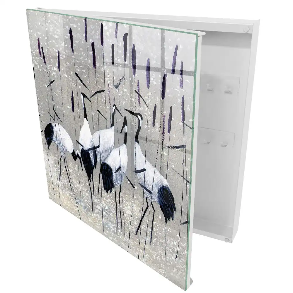 Boîte à clés murale grues élégantes dans un paysage pastel