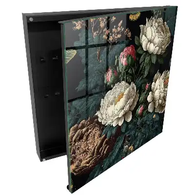 Boîte à clés murale pivoines crème et vertes sur fond noir