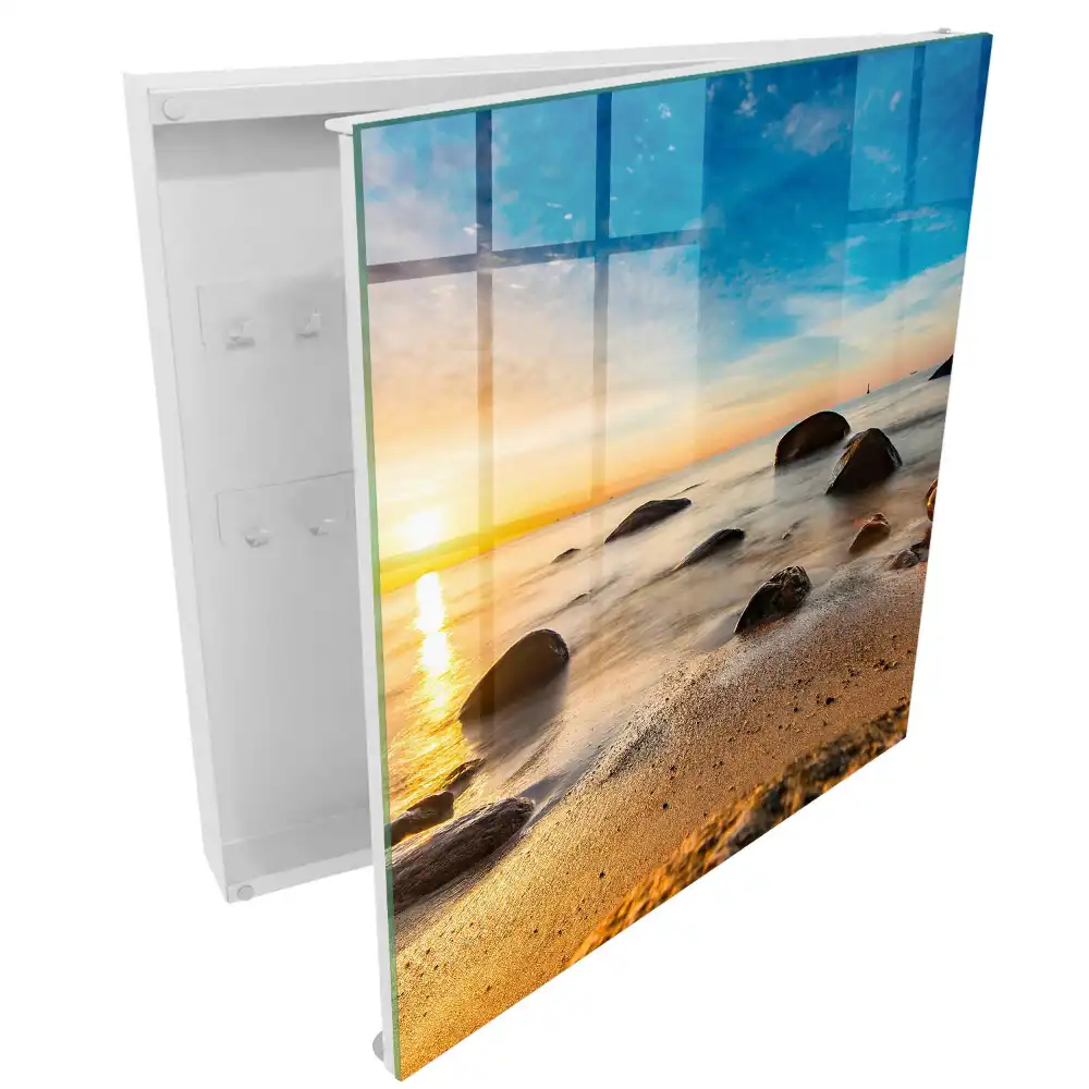 Boîte à clés murale coucher de soleil sur la mer avec des pierres