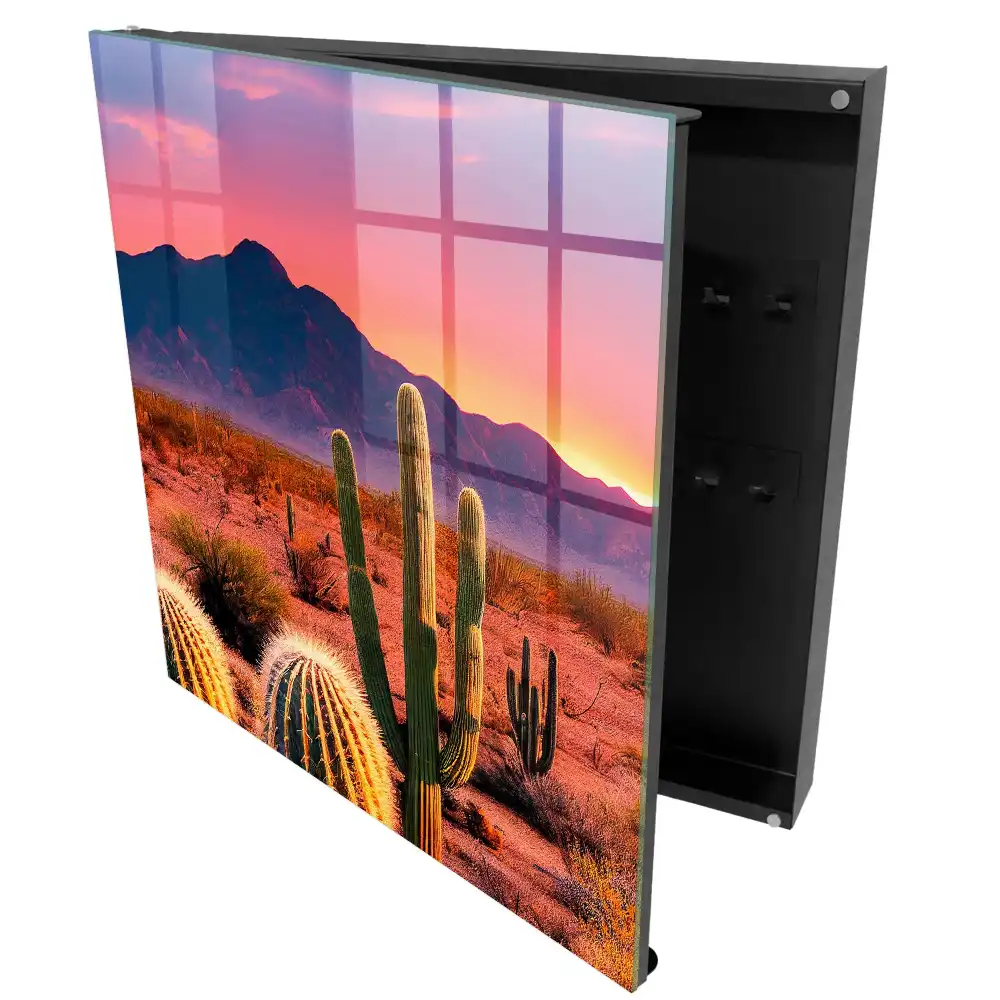 Boîte à clés murale coucher de soleil sur le désert avec des cactus