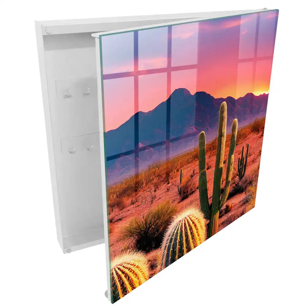 Boîte à clés murale coucher de soleil sur le désert avec des cactus