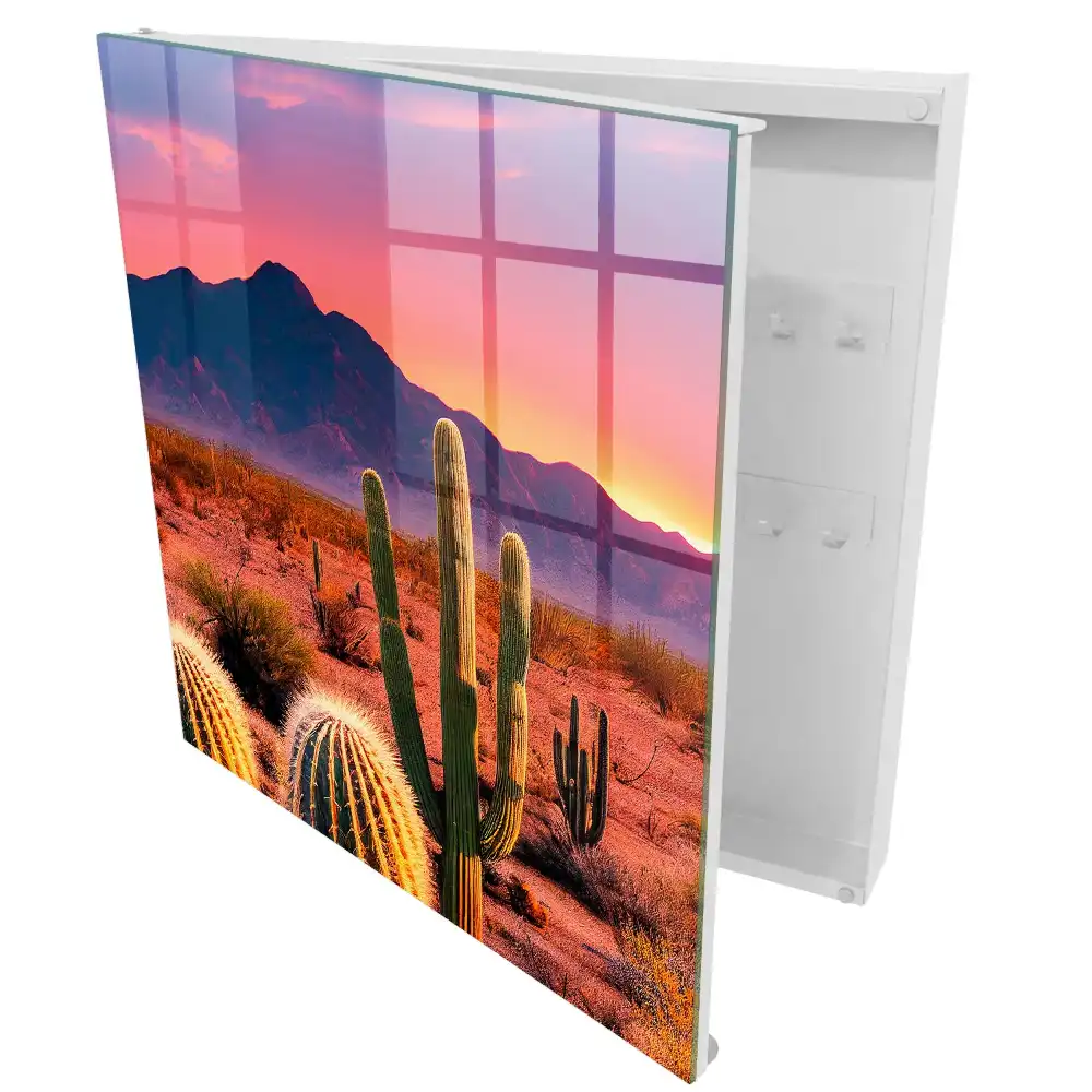 Boîte à clés murale coucher de soleil sur le désert avec des cactus