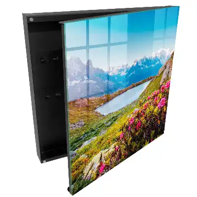 Boîte à clés murale montagnes pittoresques lac et fleurs aux couleurs éclatantes