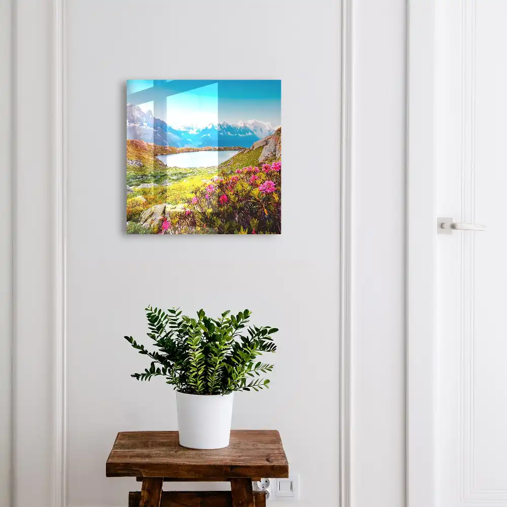 Boîte à clés murale montagnes pittoresques lac et fleurs aux couleurs éclatantes