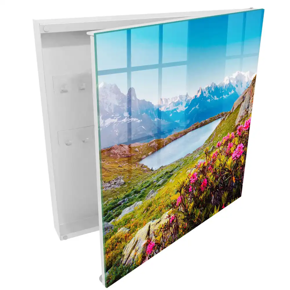 Boîte à clés murale montagnes pittoresques lac et fleurs aux couleurs éclatantes