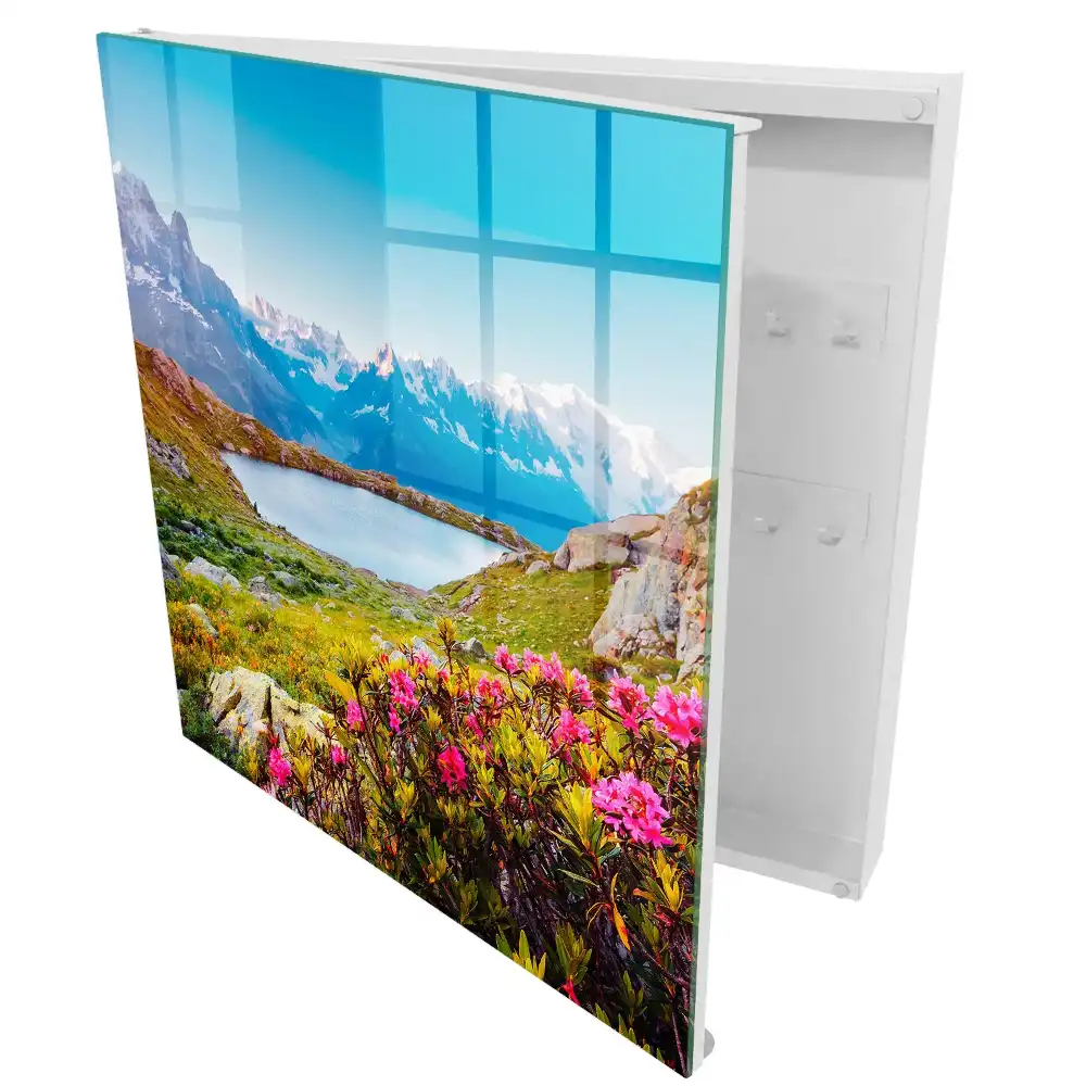 Boîte à clés murale montagnes pittoresques lac et fleurs aux couleurs éclatantes