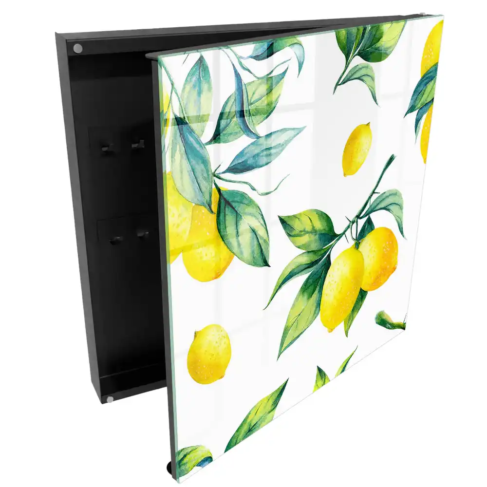 Boîte à clés citrons jaunes et feuilles vertes à l'aquarelle