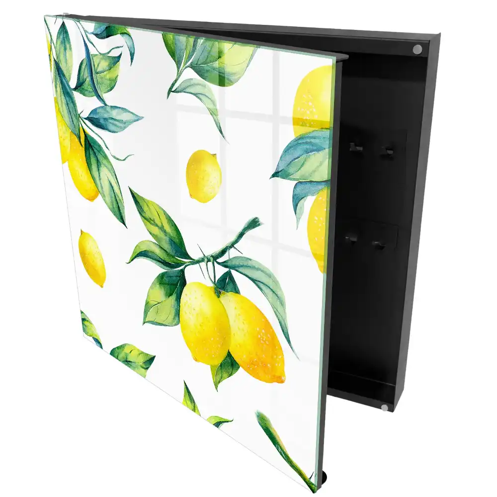 Boîte à clés citrons jaunes et feuilles vertes à l'aquarelle
