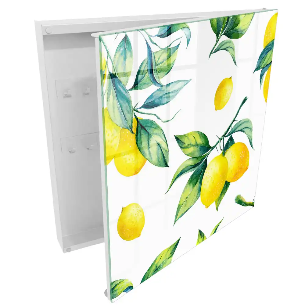 Boîte à clés citrons jaunes et feuilles vertes à l'aquarelle
