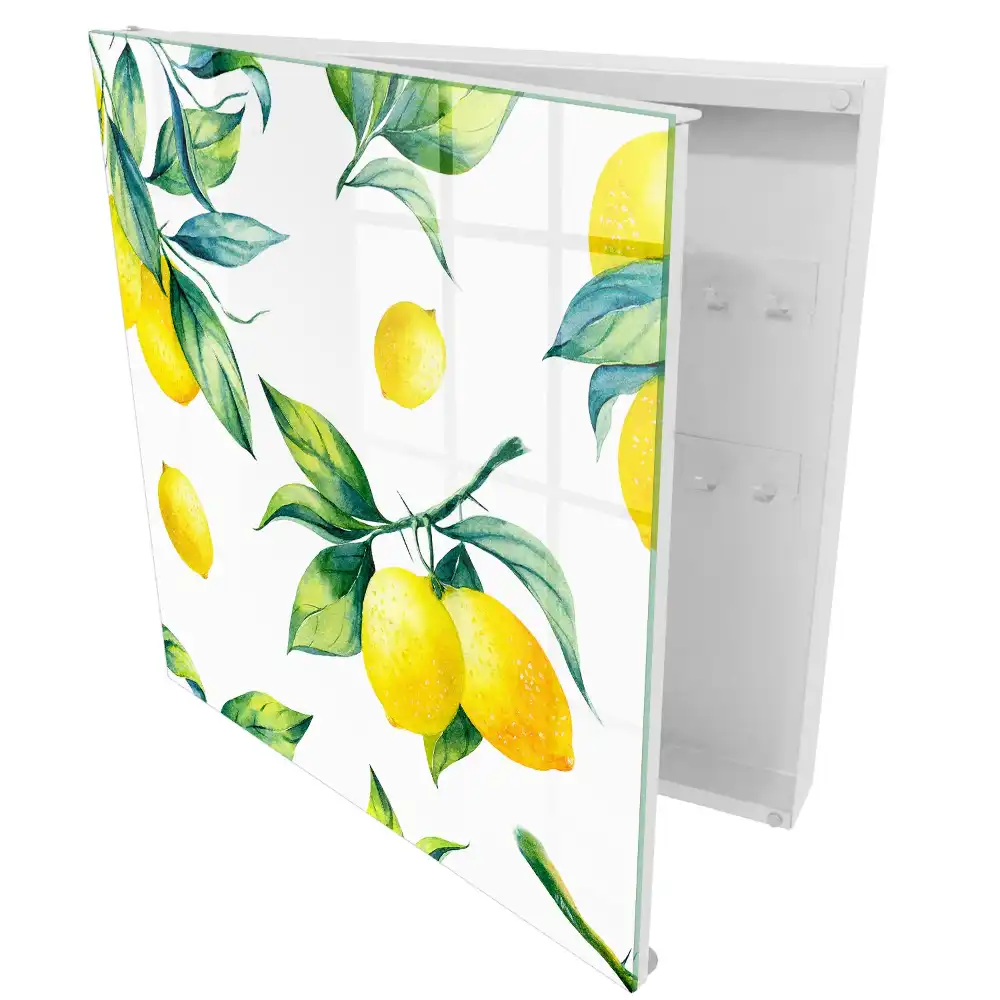 Boîte à clés citrons jaunes et feuilles vertes à l'aquarelle